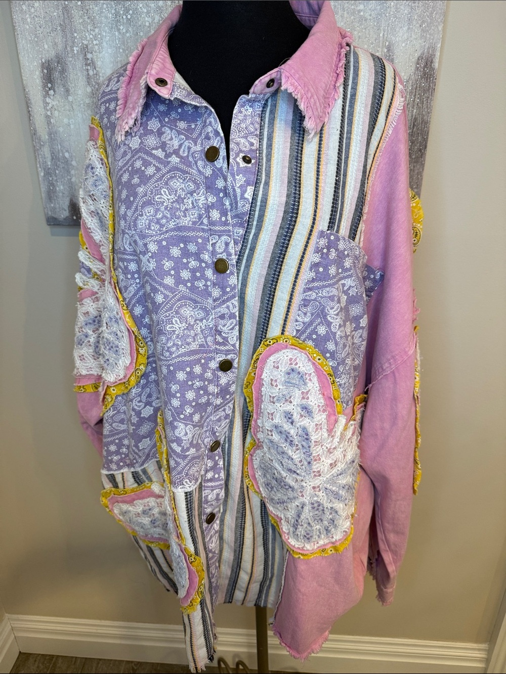 BUTTERFLY Bohemian Patchwork Button-Up Jacket in Lavender & Pink